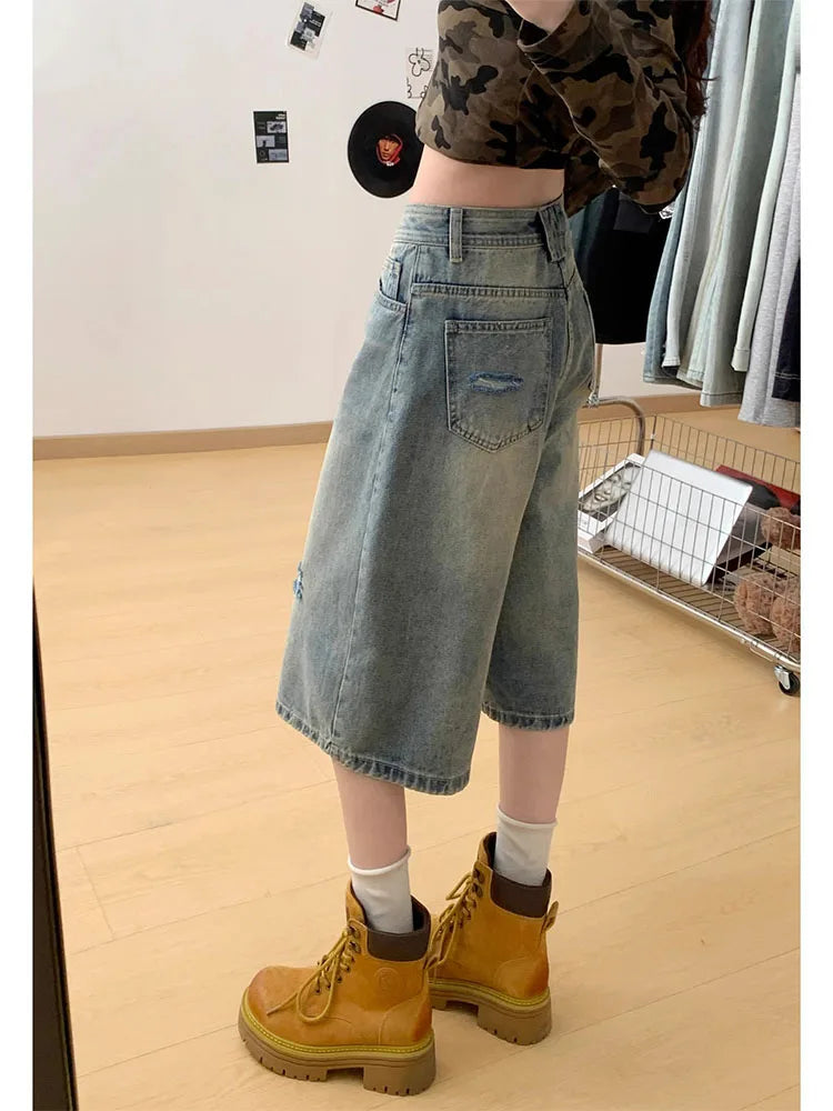 Velmora High Waist Ripped Denim Seven-Five Shorts