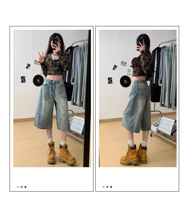 Velmora High Waist Ripped Denim Seven-Five Shorts