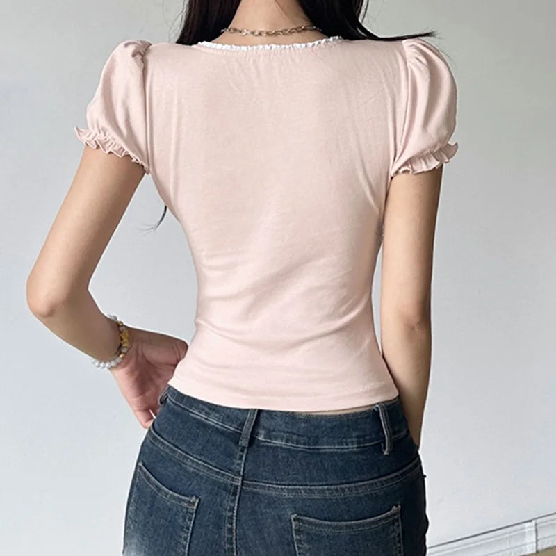 Cute Slim-fitting Contrast Lace Stitching