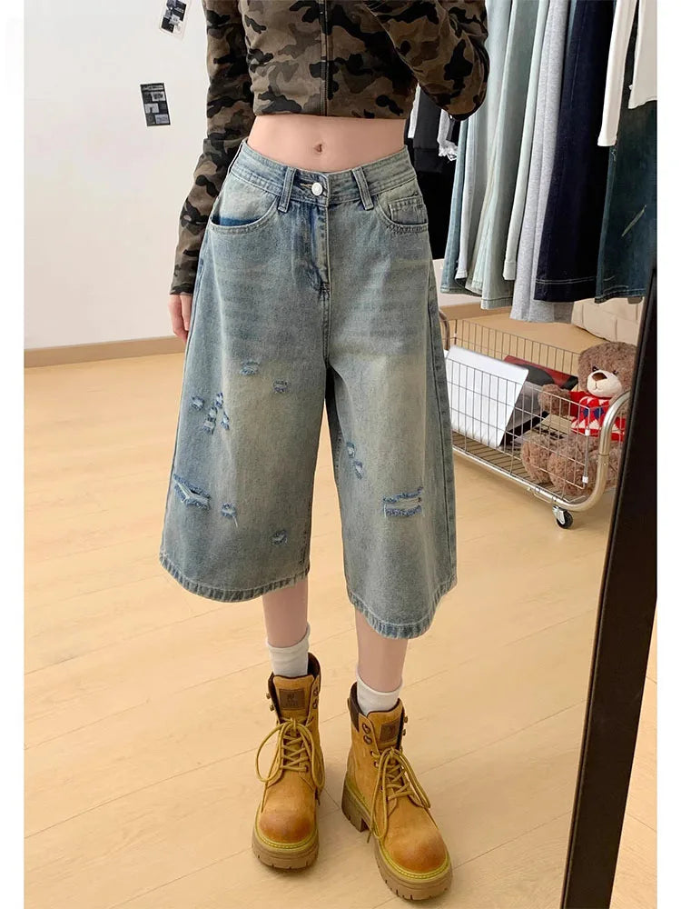 Velmora High Waist Ripped Denim Seven-Five Shorts