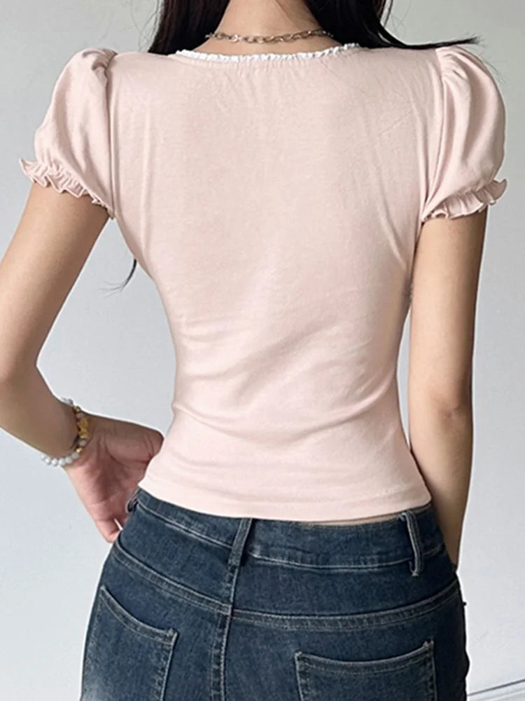 Cute Slim-fitting Contrast Lace Stitching