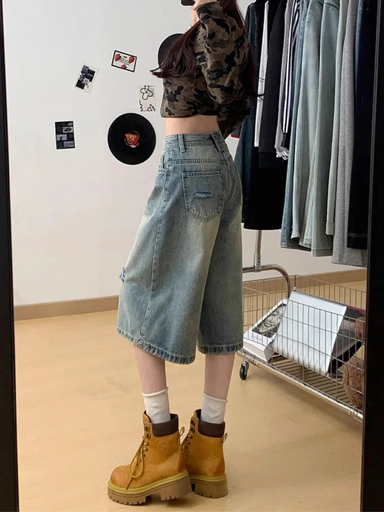 Velmora High Waist Ripped Denim Seven-Five Shorts
