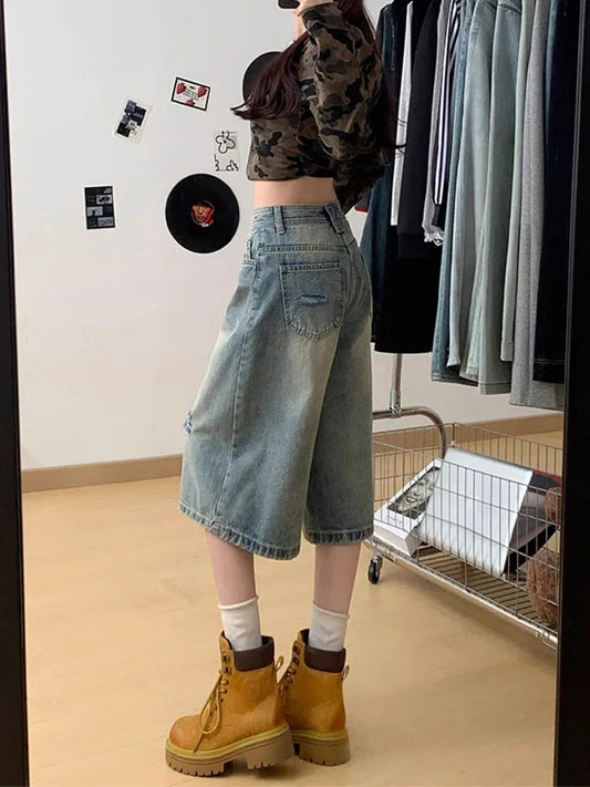 Velmora High Waist Ripped Denim Seven-Five Shorts