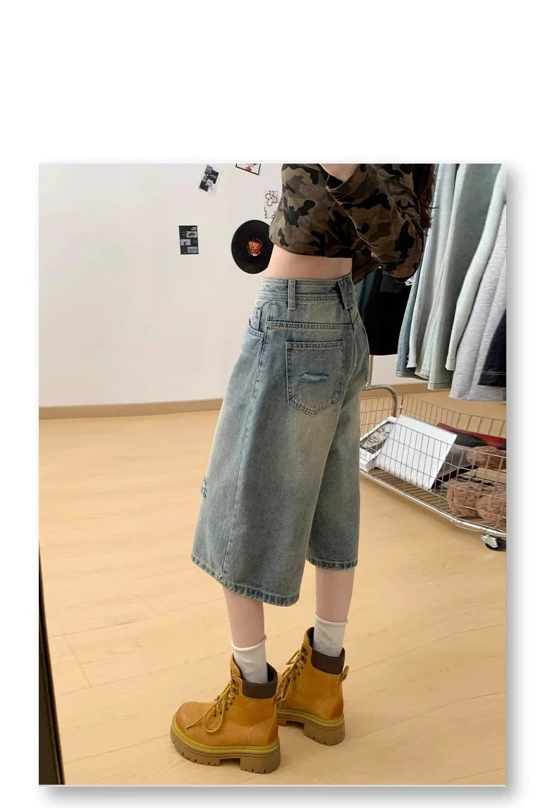 Velmora High Waist Ripped Denim Seven-Five Shorts
