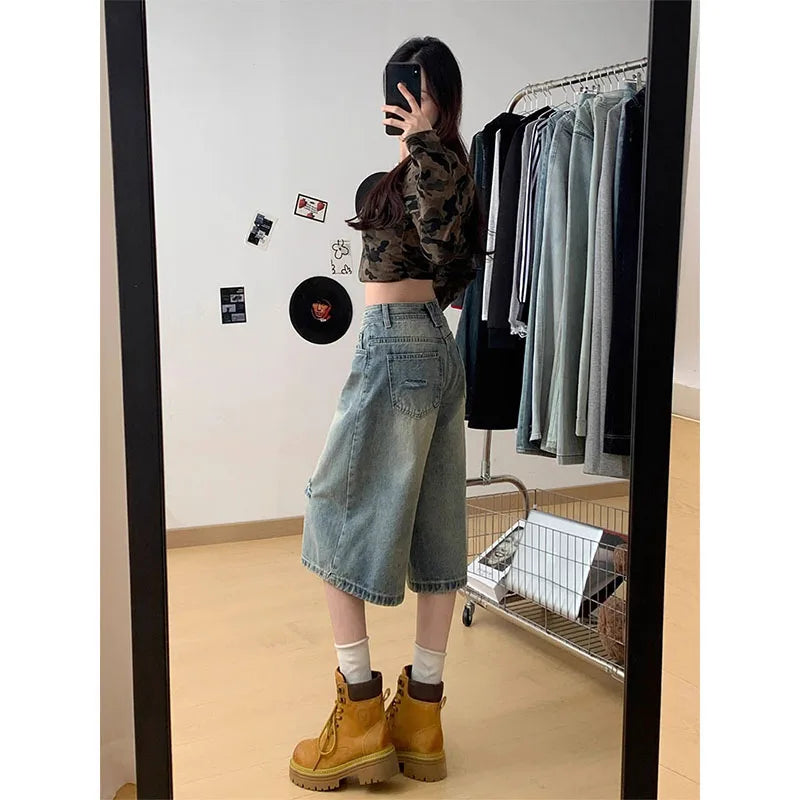 Velmora High Waist Ripped Denim Seven-Five Shorts