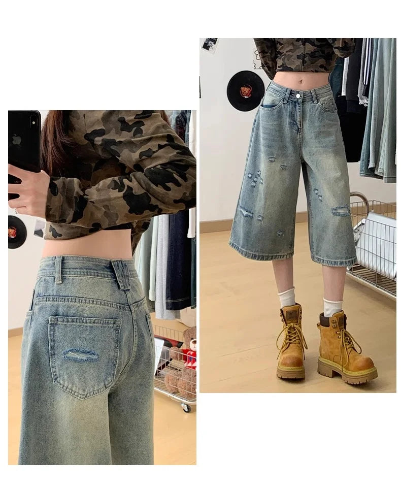 Velmora High Waist Ripped Denim Seven-Five Shorts