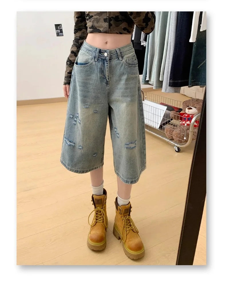 Velmora High Waist Ripped Denim Seven-Five Shorts
