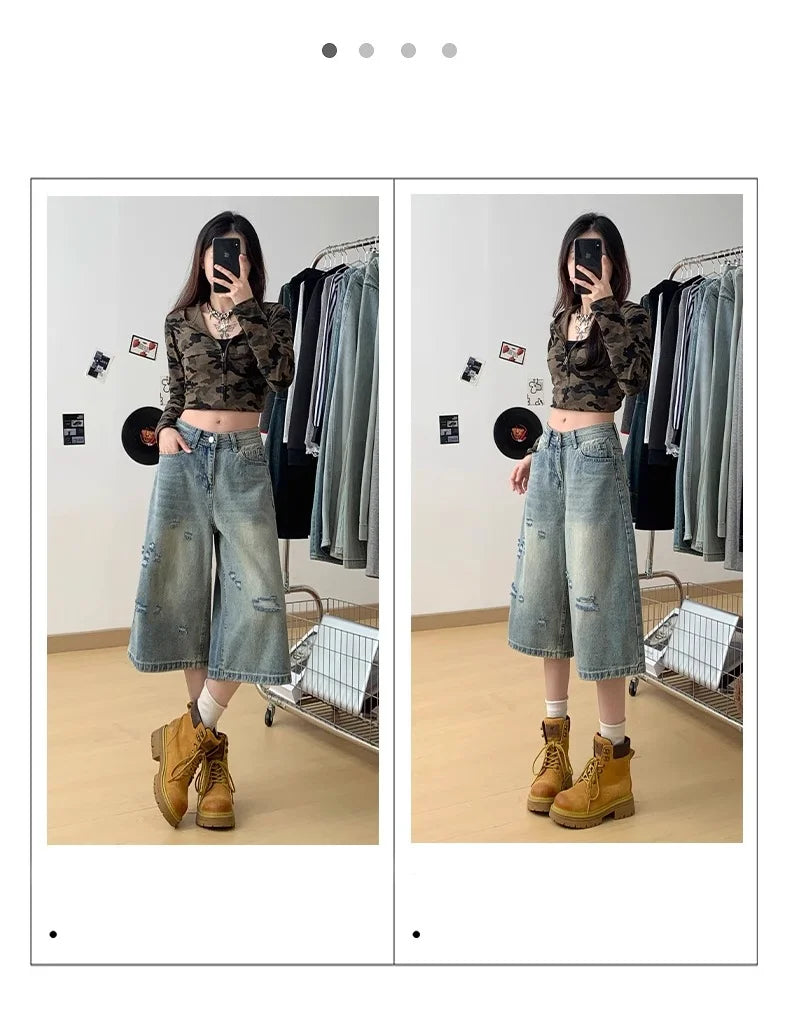 Velmora High Waist Ripped Denim Seven-Five Shorts