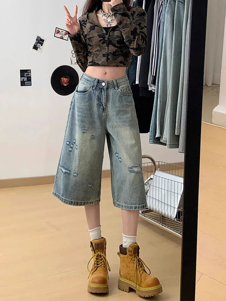 Velmora High Waist Ripped Denim Seven-Five Shorts